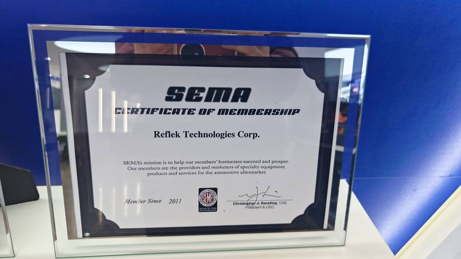 SEMA美国特种装备市场协会会员证书 Reflek Technologies