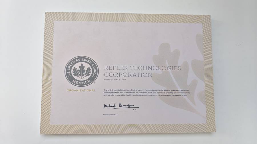 USGBC美国绿色建筑委员会会员证书 Reflek Technologies